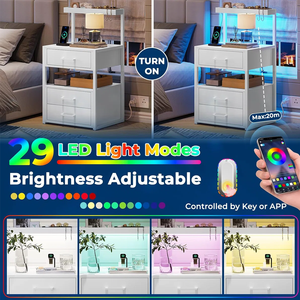 Table de chevet moderne en chêne blanc avec chargeur sans fil, ports USB, 3 tiroirs et éclairage LED pour chambre et salon - Product Image 4