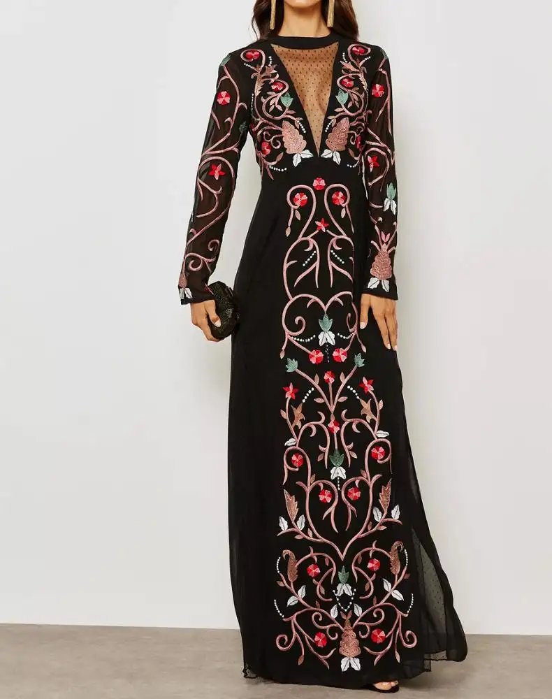 2023 Summer New Arrival Black Women Floral Embroidered Maxi Dress