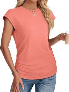 Women's 2025 Trendy Summer <b>Tops</b> Breathable Knitted Crew Neck T-Shirts with Ruched <b>Cap</b> Short <b>Sleeves</b> Casual Fashion Shirts - Product Image 4