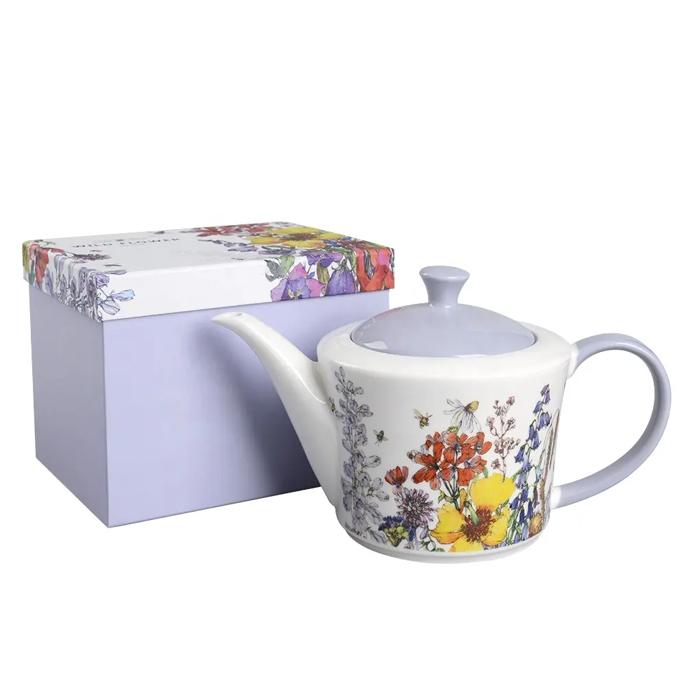 Service à thé en porcelaine blanche européenne, théière aux fleurs sauvages, en céramique, avec boîte cadeau