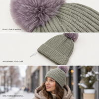 Bonnet tricoté côtelé épais avec pompon en fausse fourrure, chaud pour l'hiver, unisexe, couleur unie, revers pliable, idéal pour les voyages