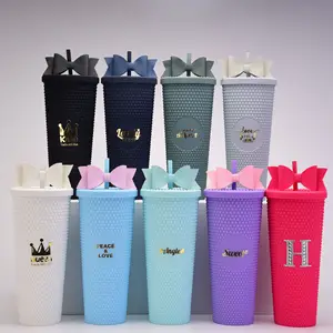 Hot Sale Decorate With Bowknot Cute Bow Insulated Double Wall Tumbler Mug Reusable Plastic Cups 24oz Studded Tumbler With Straw