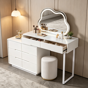 Coiffeuse blanche moderne avec miroir LED Cloud et tiroirs pour chambre à coucher - Product Image 1