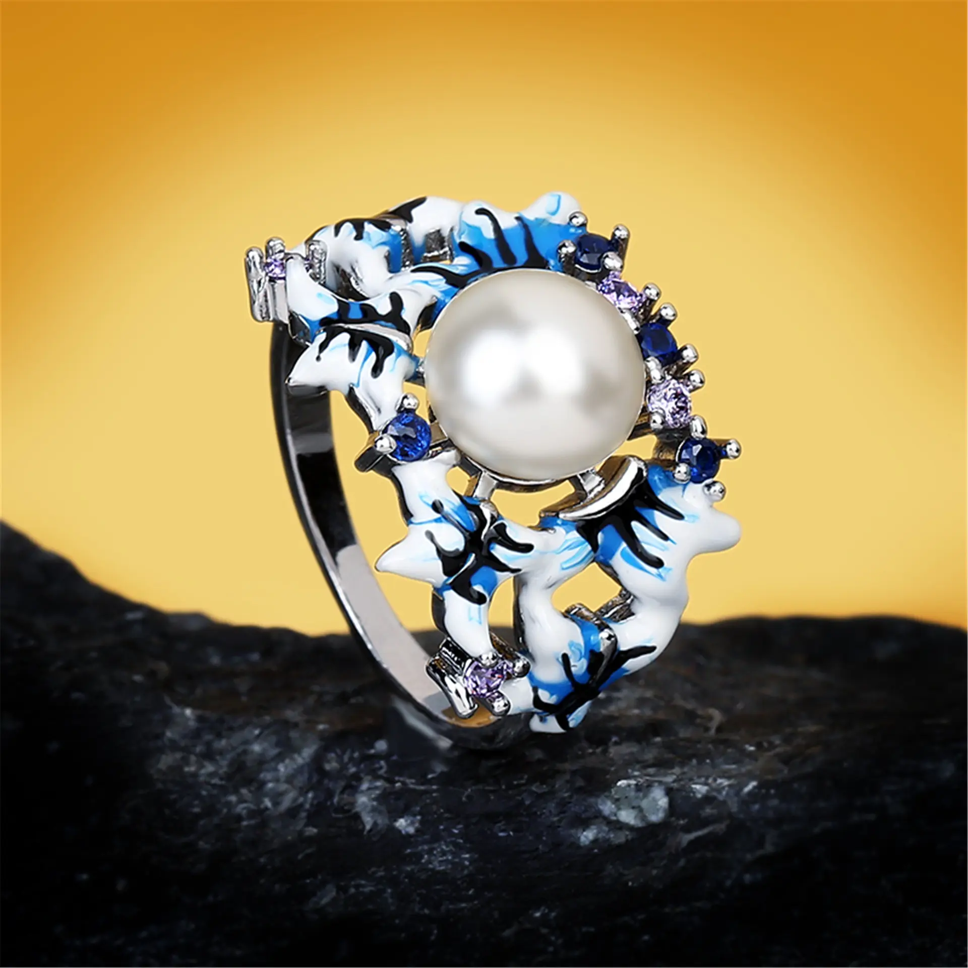 Europa y los Estados Unidos estilo rústico elegante anillo blanco perla azul flor goteo esmalte señoras anillo joyería de compromiso