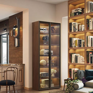 Libreria in Legno Massello con Ante in Vetro per Soggiorno, 5 Ripiani, Acciaio Inossidabile Regolabile, Mobile Moderno da Terra Antipolvere - Product Image 5