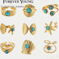 FY Fashion No Fade Bijoux Anneaux En Acier Inoxydable Sports D'été Océan Étoile De Mer Soleil Shell Mer Turquoise Pierre Ouvert Anneau Réglable