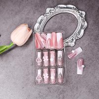 Venta al por Mayor de 24 Uñas Postizas Francesas de Color Rosa con Diseño de Dibujos Animados, Uñas de Ataúd Largas de ABS, Caja de Empaque con Lima de Uñas, Aplicación en Dedos, Cobertura Completa