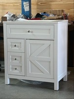Meuble-lavabo autoportant blanc Shaker, démontable (RTA), direct usine, sans vasque, avec porte coulissante X Barn et 4 tiroirs