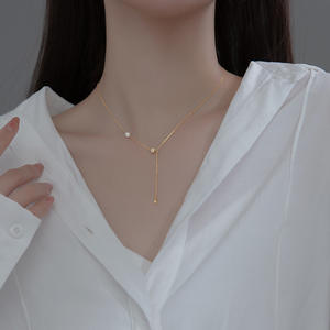 Collier en argent pur S925, style français brisé, coupe irrégulière simple avec perle, chaîne de clavicule tendance D9691 - Product Image 3