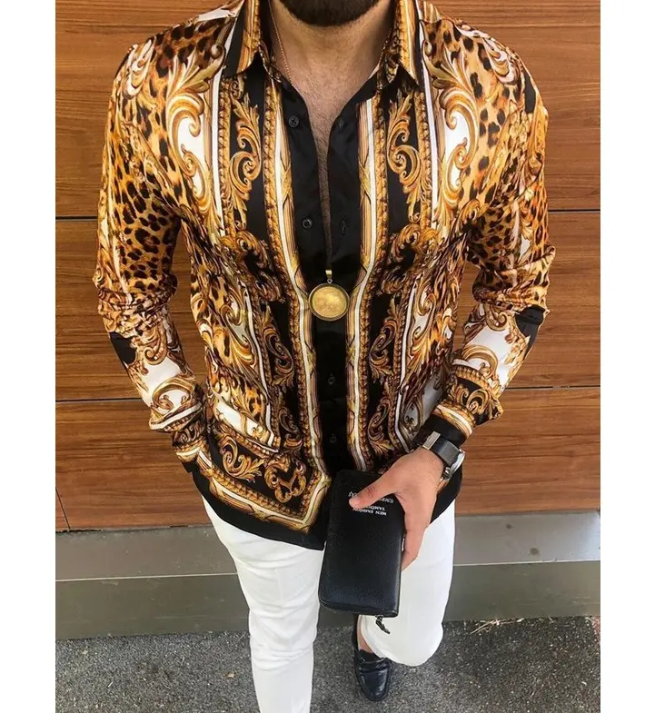 New mens fall 2021 trend long-sleeve fashion casual leopard printing vintage shirt tops