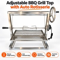 Grill argentin Asado avec rôtissoire motorisée et roue de réglage de hauteur au-dessus des braises
