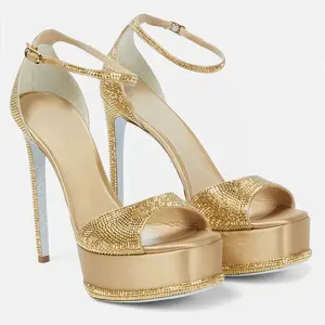 Anmairon sandálias plataforma de ouro, nova moda royal de cetim sandálias de salto stiletto com brilho de cristal de diamantes verão