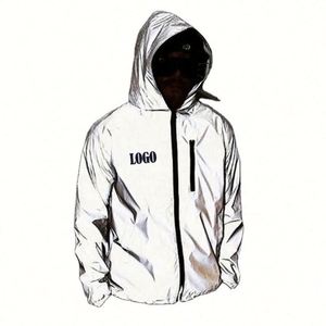 100% Polyester Coated Stand Collar <b>Reflective</b> Hood Zip OEM Custom Logo Wholesale 3M Windbreaker Mens Bomber <b>Jacket</b> - Product Image 1