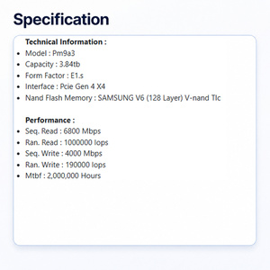 ฮาร์ดไดรฟ์ PM9A3 MZ-TL23TBA ความจุ 3.84TB E1.S PCIe Gen 4x4 แบบภายในสำหรับองค์กร โซลิดสเตทไดรฟ์ V-nand Tlc สำหรับศูนย์ข้อมูลเซิร์ฟเวอร์ภายใน - Product Image 3