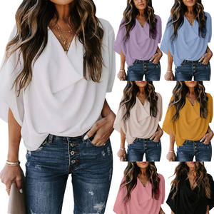 T-<span class=keywords><strong>shirt</strong></span> en mousseline décontracté à col en V et coupe ample de couleur unie pour <span class=keywords><strong>femme</strong></span>, idéal pour le quotidien – Nouvelle collection été, best-seller - Product Image 6
