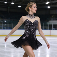 Robe de patinage et de danse noire pour enfants et adultes, col montant, manches longues en maille, dos découpé avec strass, pour compétition et spectacle de patinage sur glace