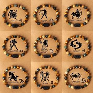 <span class=keywords><strong>Bracciale</strong></span> con Ciondolo delle 12 Costellazioni Zodiacali, Braccialetto di Moda con Perline Naturali di <span class=keywords><strong>Ossidiana</strong></span> per Vergine Leone Bilancia, <span class=keywords><strong>Bracciale</strong></span> per Coppia Uomo e Donna - Product Image 2