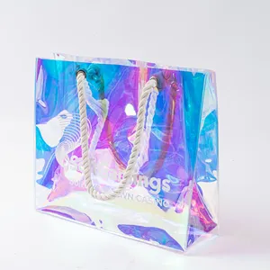 Custom Logo Waterproof Twist Cotton Handle Laser Holographic Iridescent PVC Shoulder Beach Tote Bag