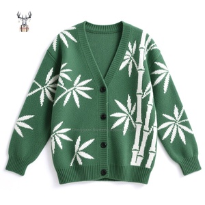 Nanteng fábrica personalizada 100% algodón estilo Retro hojas de bambú de gran tamaño tejido Jacquard cuello en V manga larga para <span class=keywords><strong>hombre</strong></span> cárdigan suéter - Product Image 1