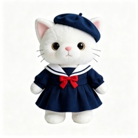 Peluche chat mignon avec chapeau béret, robe à col marin et nœud rouge, adorable chat blanc en peluche, jouet en peluche chat kawaii