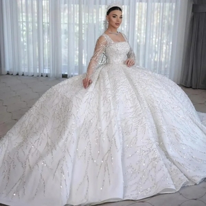 Magnifique <span class=keywords><strong>robe</strong></span> de mariée princesse à col carré brillant, sexy, à manches longues, avec dentelle et perles, <span class=keywords><strong>robe</strong></span> de mariée de cérémonie personnalisée - Product Image 1