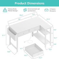 Bureau d'ordinateur en forme de L avec prise électrique, tiroirs en tissu, étagères de rangement, bureau de travail pour la maison, bureau pour petit espace, chambre à coucher
