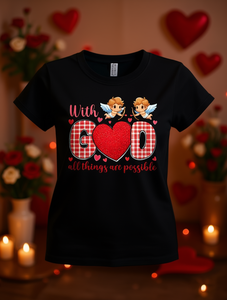 T-shirt pour femme à manches courtes, col rond, imprimé cœur de Cupidon, décontracté, 100% coton jersey, coupe classique - Product Image 2