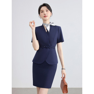 Women's Short Sleeve Suit Set Navy Blue Professional Reception Uniform For Hotel Jewelry Store Beauty Salon - Product Image 1