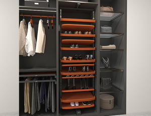 Porte-chaussures pivotant à 180°, multifonctionnel, de luxe, en similicuir, avec cadre en aluminium gris foncé, directement de l'usine, pour présentation en boutique - Product Image 2