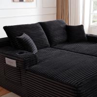 Canapé modulaire 2 places en velours côtelé noir, prêt à être expédié depuis les États-Unis, avec porte-gobelets et compression sous vide