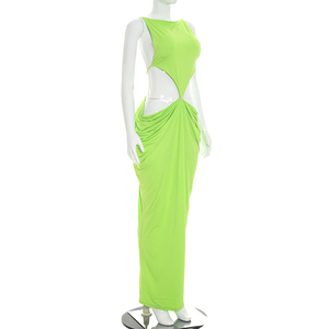 Robe longue plissée moulante et élégante sans manches à bretelles et dos nu de couleur unie pour femme Viviblook D26DS164 - Product Image 4