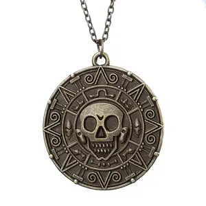 Fashion Jewelry Antique Charm Skeleton Skull Heads Aztec Coin Pendant Necklace Pirates of the Caribbean