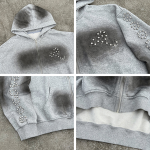 เสื้อฮู้ดซิปเฟรนช์เทอร์รี่สไตล์วินเทจ ลุค Dirty Washed สำหรับผู้ชาย ปักลายตามสั่ง ผ้าคอตตอนหนานุ่ม ทรงโอเวอร์ไซส์ - Product Image 4