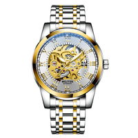 Reloj Mecánico de Lujo para Hombre, Diseño Transparente Dorado con Correa Casual de Acero Inoxidable, Reloj de Pulsera Moderno