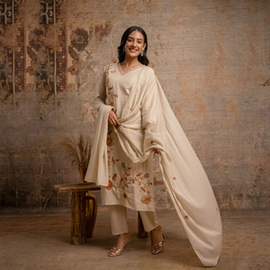 Ensemble Kurta Traditionnel pour Femme en Coton Beige Brodé à Séchage Rapide avec Pantalon et Dupatta Coupe Classique Longueur Genou Tenue Décontractée Inde Pakistan - Product Image 1
