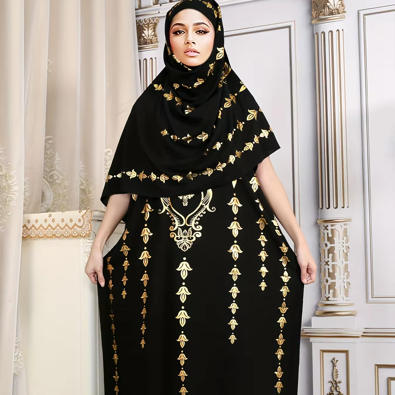 black and gold theme dress muslimah