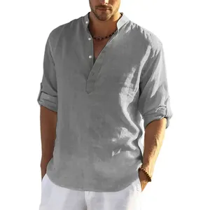2023 custom logo Men's Cotton Linen Henley Shirt Long Sleeve Hippie Casual Beach T Shirts