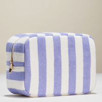 Pochette de maquillage en tissu éponge portable, fermeture éclair tendance, imperméable, rayée bleu et blanc, sac souple
