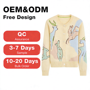 <span class=keywords><strong>Cardigan</strong></span> Personalizzato da Donna in 100% <span class=keywords><strong>Lana</strong></span> con Motivi Animali Jacquard, Collo Tondo e Bottoni Frontali, Bicolore per Primavera e Autunno - Product Image 1