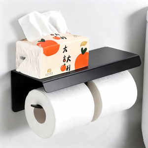 Duvara Monte Edilen Çift Rulolu Tuvalet Kağıdı Tutucu, Telefon Raflı, Delme Gerektirmeyen Paslanmaz Çelik Banyo Kağıt Havlu Askısı - Product Image 5