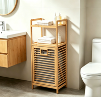Étagère de rangement pour salle de bain en bambou naturel avec panier à linge en tissu amovible, organisateur à plusieurs niveaux