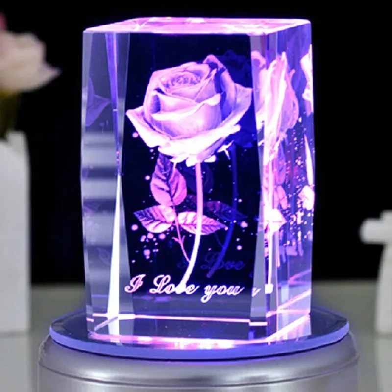 Weihnachts geschenk Rose 3D Laser gravierte Kristall block Glas LED Gravur Würfel mit Basis