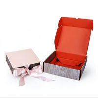 Boîte d'expédition à rabat en carton gris grain de bois personnalisée Dr. Box avec estampage, ruban rose et doublure rouge pour emballage cadeau et alimentaire