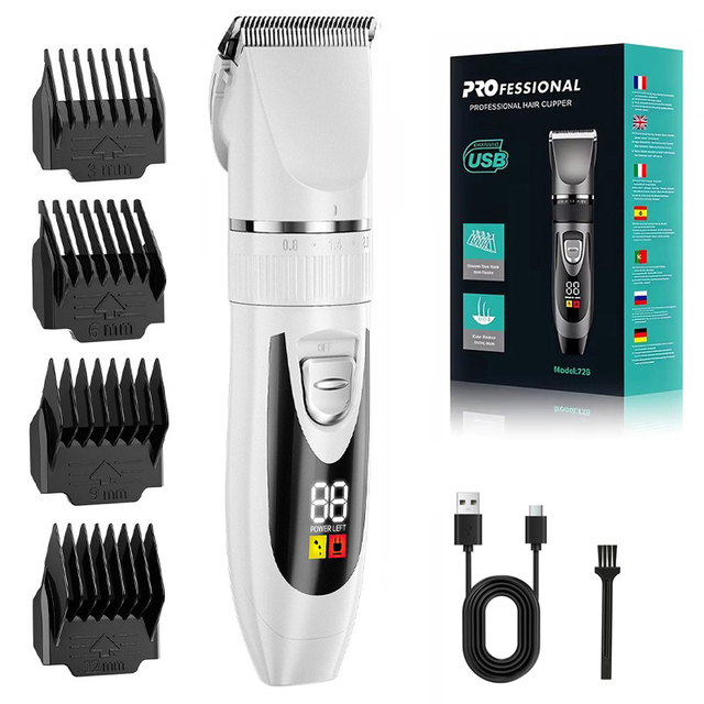 Customized White Professional Cordless Haircut Machine Ceramic Blade Adjustable Electric Rechargeable Hair Clipper