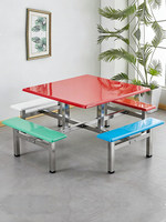 Table de cantine commerciale avec bancs intégrés et tabourets ronds, structure métallique, sièges de cafétéria pour écoles, vente en gros pour usines