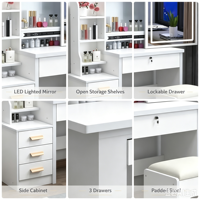 Coiffeuse moderne tout-en-un en panneaux de bois avec miroir éclairé et organisateur intégré, design vertical assemblé, pour chambre et appartement