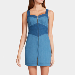Moda verano fuera del hombro empalme Patchwork <span class=keywords><strong>costura</strong></span> lavado Casual Midi largo Denim Jeans vestido de mujer - Product Image 2