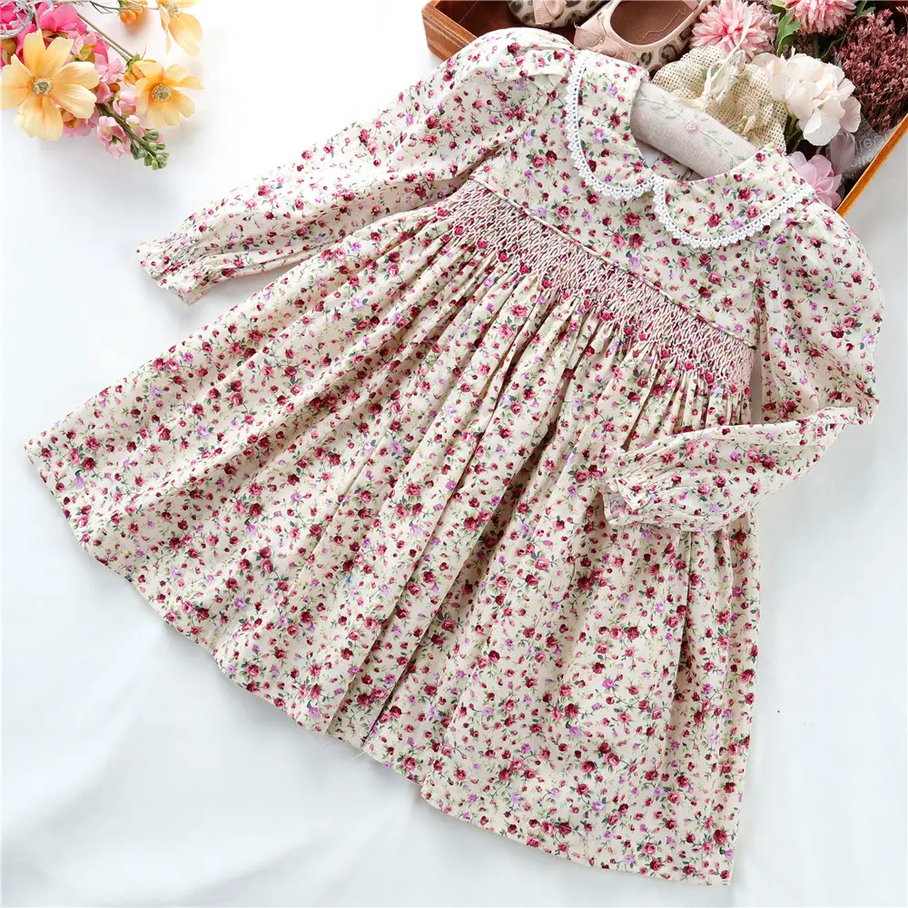 Smocked Baby Clothes Fall Winter Flower Floral Long Sleeve Little Baby Girls Dresses Hand Smocked Casual Cotton Kids Clothes Wholesale B41570