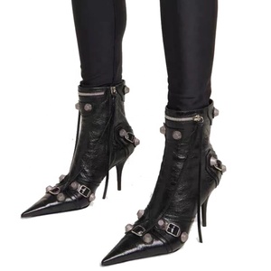 Black High Heel Leather Shoes Pointy Toe Sexy Lady's Ankle <b>Boots</b> Zip Buckle Studs Short Women Fashion Big Size 43 - Product Image 5