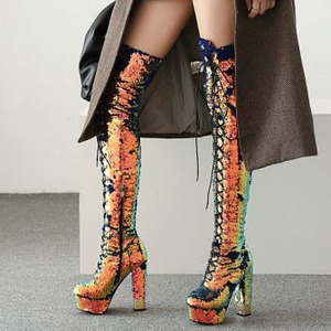 Solid Sequins Cloth Upper Chunky <b>Heel</b> Women Boots High <b>Heel</b> Thigh High Booties Slip-on Dating Party Winter Over Knee High Boots - Product Image 4